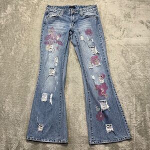Venus Jeans Women's 12* Blue Denim Flare Distressed Floral Painted Boho 32x32